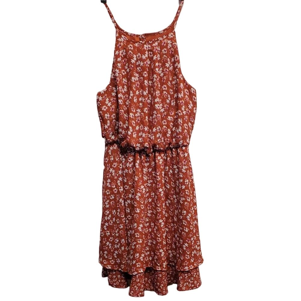 Blue Rain Reddish Orange Elastic Waist Floral Print Tiered Midi Tank Dress XS